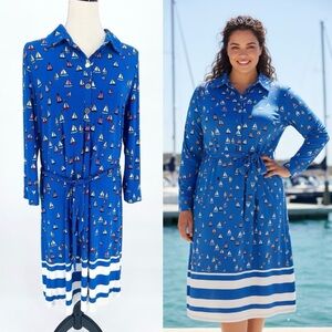 Leota Sailboat Novelty Print Long Sleeve Shirt Dress Blue XXL